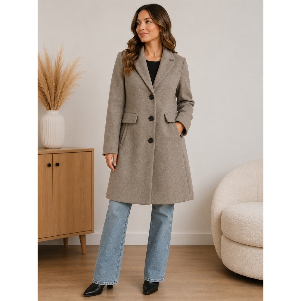 Liz Claiborne Womens Taupe Brown Button Front Long Peacoat Jacket Size S RN93677
